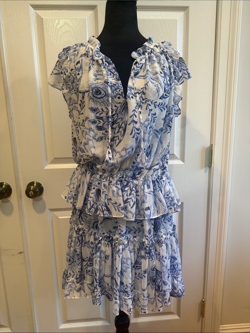 Misa Los Angeles Blue and White Floral Ruffle Tie-Neck Mini Dress